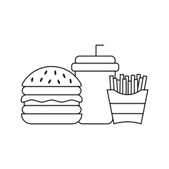 Burger, Soft Drink and French Fries Icon. Vector Linear Illustration of Burger, Soda and French Fries. Fast Food Unhealthy Diet in Line Style Design.