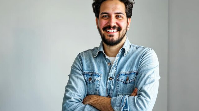 Smiling man in casual denim shirt standing with crossed arms against a neutral background, conveying confidence and approachability