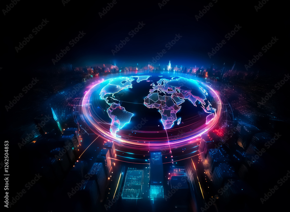Poster a vibrant globe with glowing neon outlines emerges from the darkness, illuminated by digital circuit