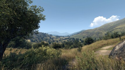 Rural valley vista, sunny day, lush green hills.  Possible use  travel, vacation