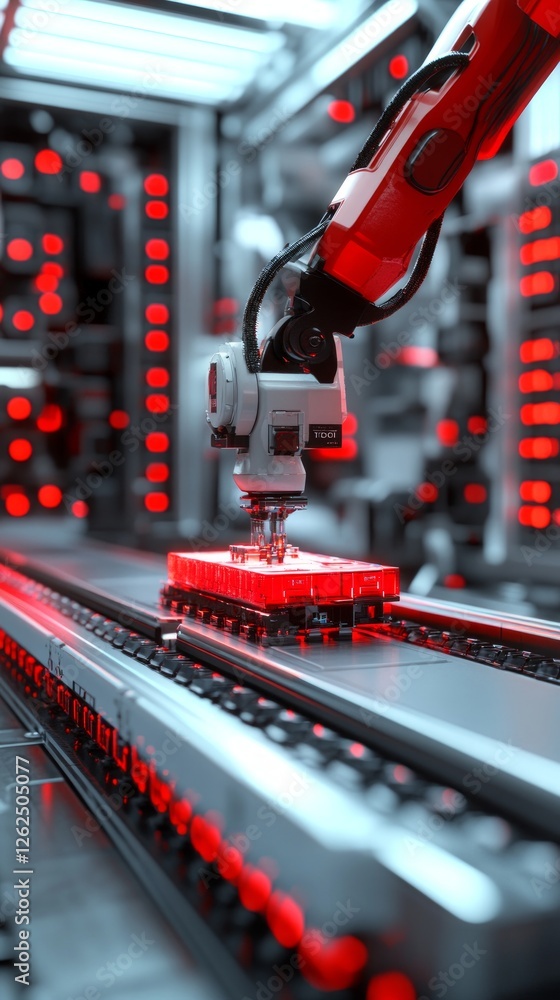 Poster in a high-tech manufacturing facility, a robotic arm precisely assembles components on a conveyor be