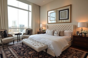 Fototapeta premium Elegant bedroom interior with a city view during daylight