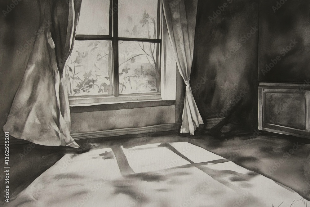 Poster sunlight streaming through a window in a cozy room, creating a peaceful atmosphere with soft shadows
