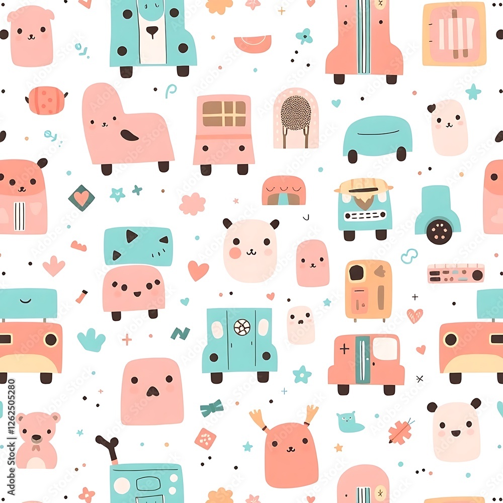 Poster playful patterns: whimsical repeating pattern featuring a colorful and adorable cast of cartoon char