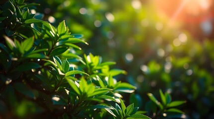 Obraz premium Green Leaves Illuminated by Sunlight with Bokeh Background for Summer