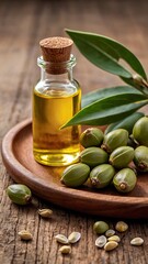 Glass Bottle of Jojoba Oil with Jojoba Plant Buds and Leaves