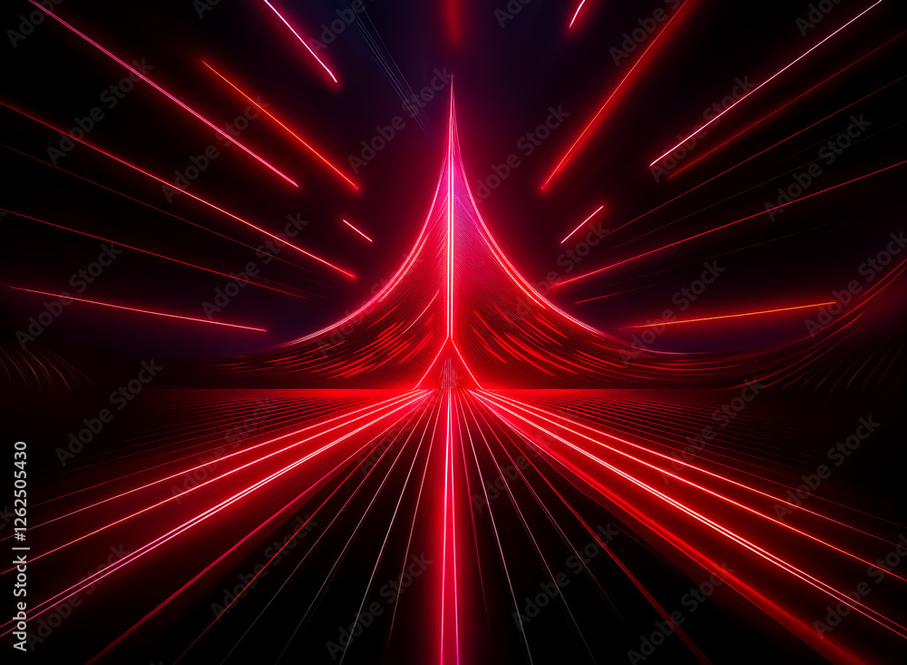 Poster an abstract image featuring vibrant red lines converging and diverging, creating a dynamic and futur