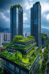 Fototapeta premium Futuristic skyscrapers surrounded by lush greenery rise against the sunset, creating an eco-friendly urban landscape. Perfect for architecture firms, environmental projects, and city development conce