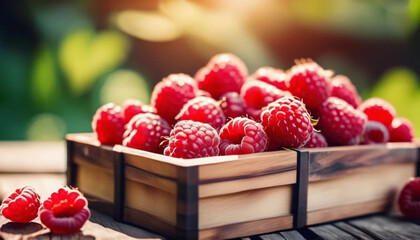 Fresh raspberries in the wooden box. Close up 
