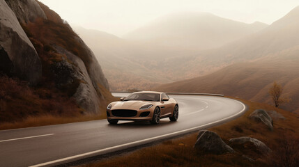 Fototapeta premium A yellow convertible sports car driving along a winding road between dramatic cliffs, showcasing its elegance and high performance. Perfect for automotive advertisements, road trip promotions, and lif