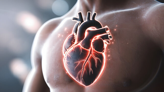 Close-up of a human heart with glowing veins and faint energy aura, symbolizing cardiovascular health, fitness, and vitality. Concept of heart care and exercise.