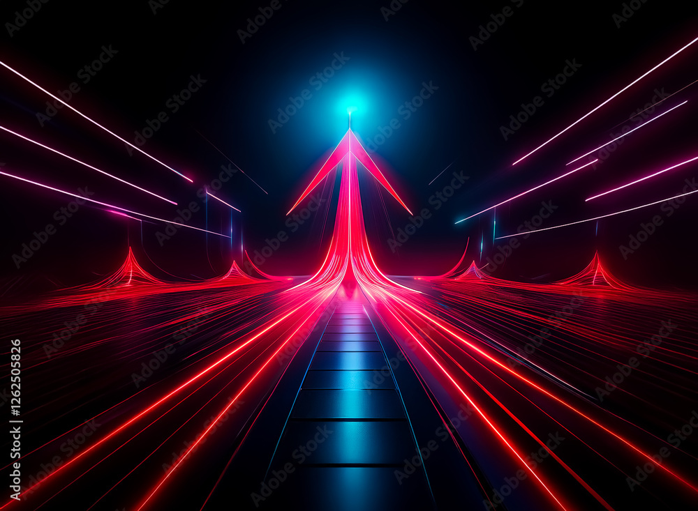 Aufkleber neon red arrow and lines glow brightly against a dark backdrop, converging towards a distant blue li