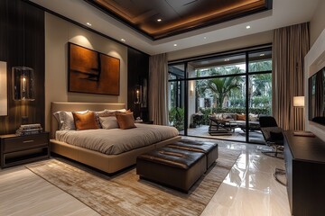 Fototapeta premium Luxury bedroom with modern design and large windows overlooking a tropical garden during daytime