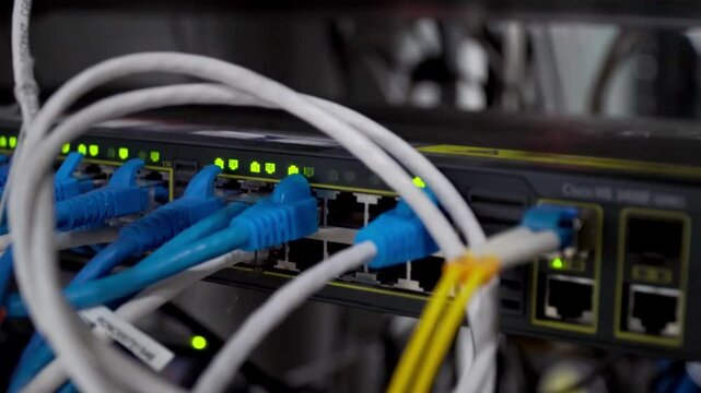 Close up view internet equipment cables in the server room communication and internet network server