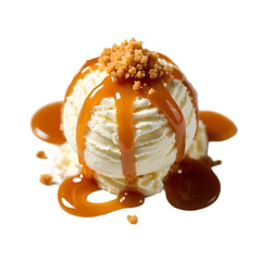 Ice cream with caramel topping and caramel crumbs on transparent background
