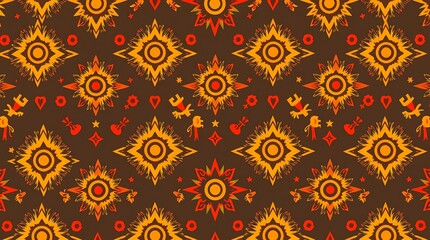 Geometric Sunburst Pattern: A captivating seamless pattern featuring vibrant sunburst motifs in shades of orange, red, and brown on a rich dark brown background.