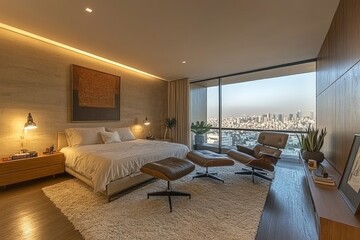 Fototapeta premium Luxurious bedroom with stunning city view at sunset in modern high-rise apartment
