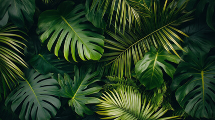 Summer tropical adventure poster with green leaf of palm. Exotic tree and plant foliage banner for hawaiian vacation or paradise holidays beach party design with fern, monstera, fan and areca palm