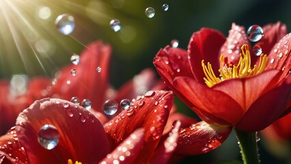 Many shining and glittering water drops on red petals of blossoming flower. Sunlit season flower backdrop, botanical floral background. Macro photo
