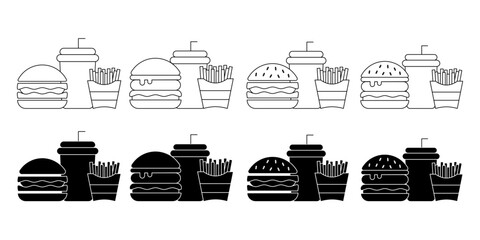 Burger, Soft Drink and French Fries Icon Set. Vector Linear Illustration of Burger, Soda and French Fries. Fast Food Unhealthy Diet in Line Style Design.