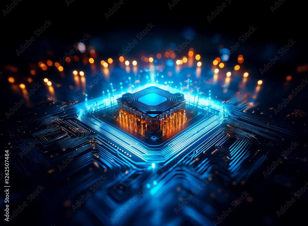 Poster a glowing computer chip with blue and orange lights sits on a dark circuit board. the electronic com