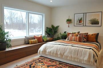 Cozy modern bedroom with natural light and plant decor in a serene winter setting