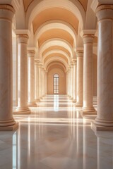 A series of seven marble columns supporting a classical building with intricate architectural details, casting beautiful shadows in the soft light. Ideal for architecture websites, historical content,