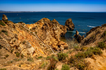 Beautiful view of cliffs and rocks. Postcard from Ponta da Piedade - Portugal, Algarve	