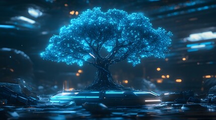 Lumiflora, A bioluminescent tree thriving in a futuristic cityscape
