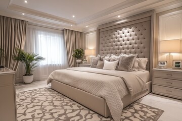 Elegant bedroom interior design featuring plush bedding, modern furnishings, and warm lighting for a cozy atmosphere