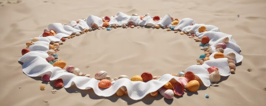 Vue g?n?rale d'une plage avec des serviettes de plage et des colliers de coquillages, serviette de plage, ambiance, vacances