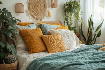 Cozy bedroom with decorative pillows and plants showcases a warm, inviting atmosphere in a bright, airy space