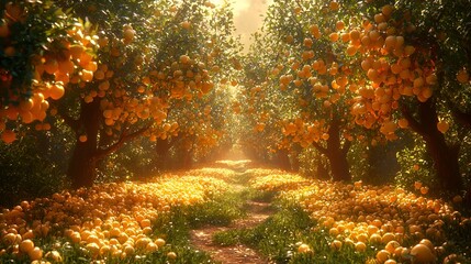 Fototapeta premium Sunlit Orange Orchard Path