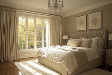 Elegant bedroom with natural light and cozy decor in a serene home setting