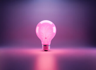Fototapeta premium A pink light bulb illuminates a soft purple backdrop, casting a spotlight on a single object. Inside, a delicate plant silhouette glows, symbolizing a bright idea and creative energy.
