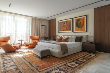 Stylish bedroom with modern decor and elegant seating in a well-lit space