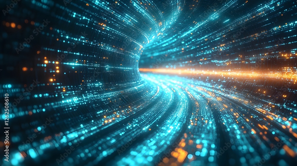 Poster abstract data stream visualization in blue and gold futuristic tunnel