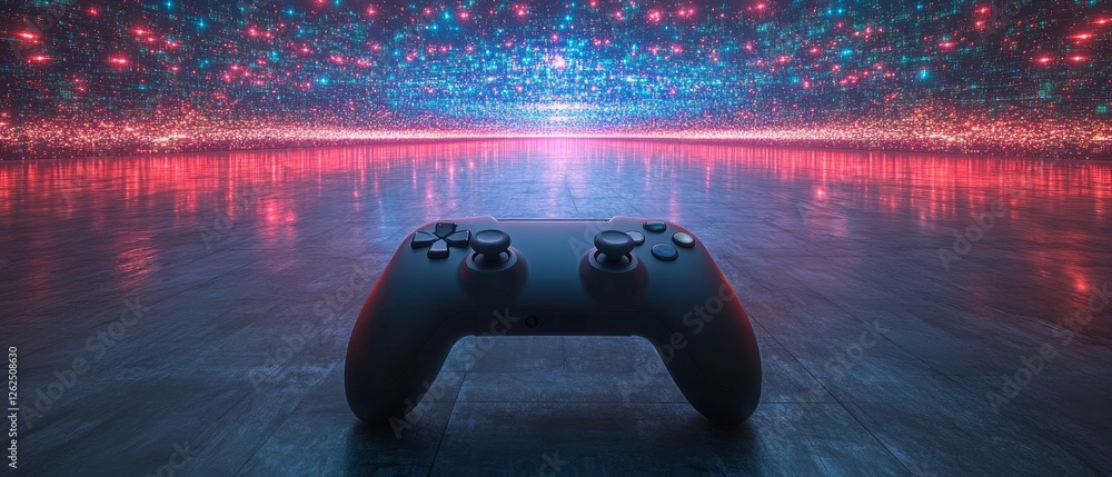 Poster a gaming controller is positioned at the foreground, with a dazzling display of colorful lights in t