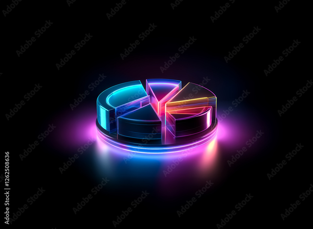 Poster neon pie chart with vibrant slices on a dark backdrop. glowing and illuminated, showcasing data visu