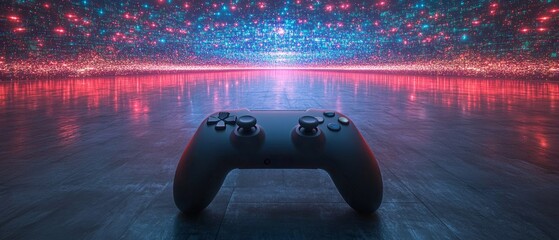 A gaming controller is positioned at the foreground, with a dazzling display of colorful lights in the background, creating a high-tech atmosphere for gaming enthusiasts