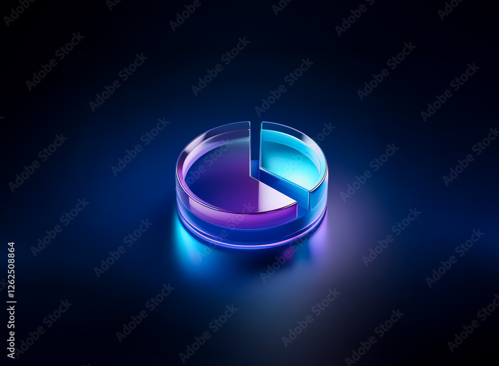 Poster a luminous pie chart icon glows with purple and blue hues against a dark backdrop. the three-dimensi