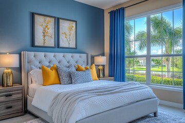 Cozy bedroom featuring a modern design with a vibrant atmosphere in a sunny location