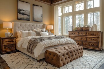 Elegant bedroom interior design featuring a cozy bed with decorative pillows and a stunning view of nature through large windows