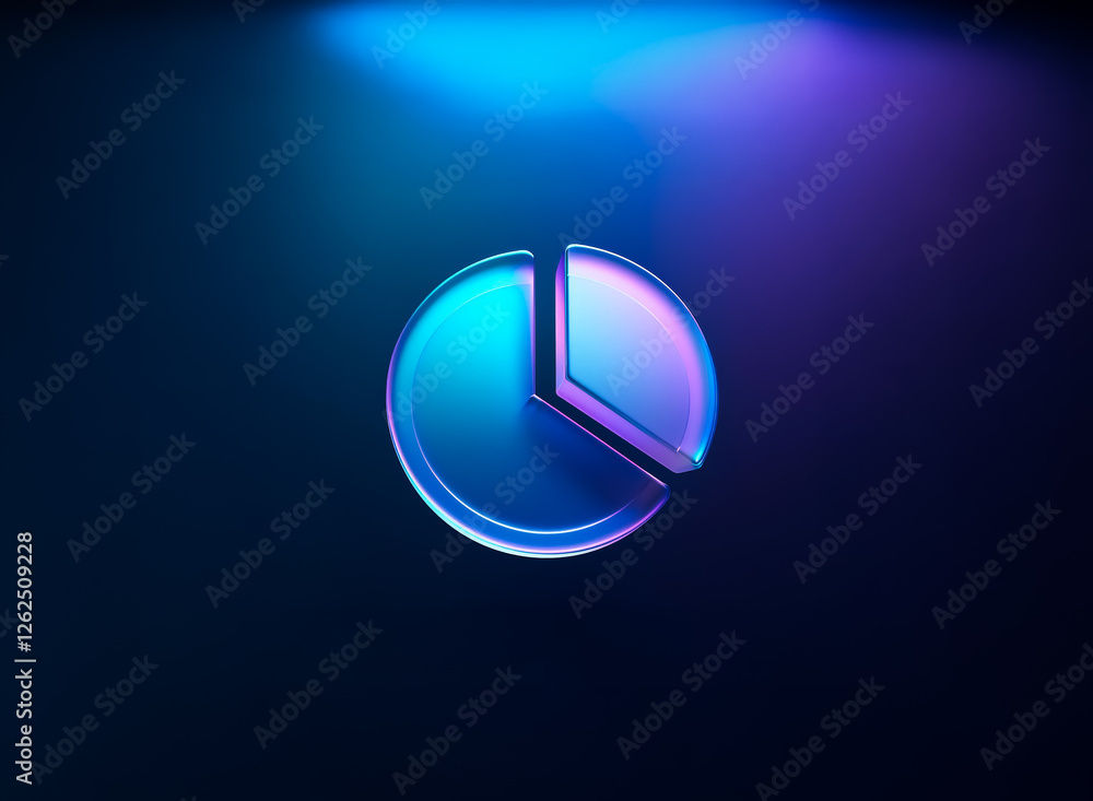 Poster a glowing 3d pie chart with a missing slice is illuminated by blue and purple light against a dark b
