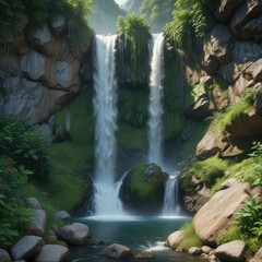 Waterfall cascading down a rocky slope with lush green vegetation, environment, lush surroundings, vegetation