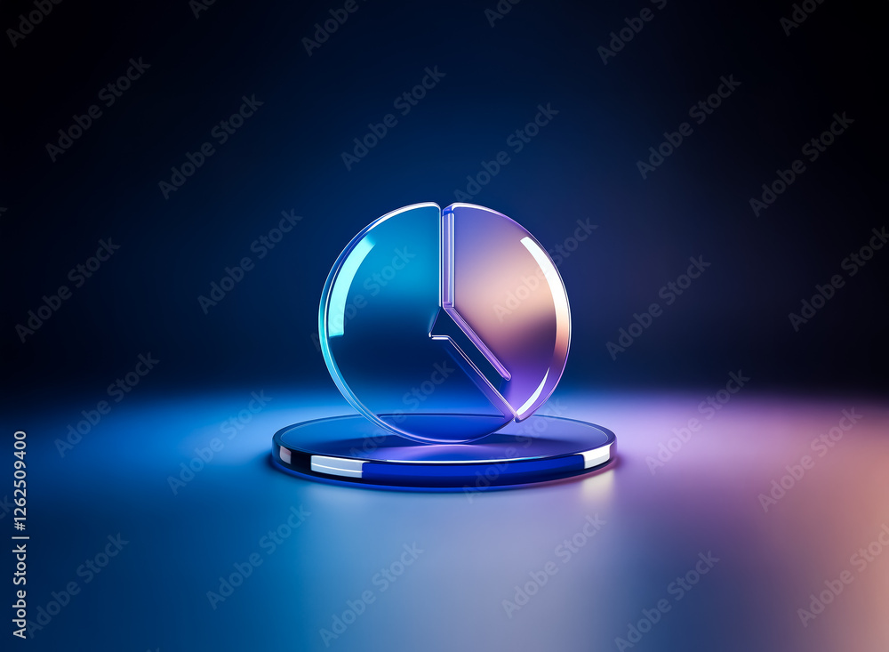 Poster shiny glass pie chart on a pedestal under blue and purple studio lights. modern, abstract object wit