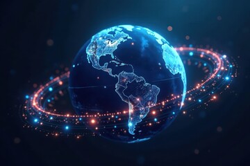 Fototapeta premium Blue globe encircled by glowing network lines, global connection , digitalization, earth, galaxy