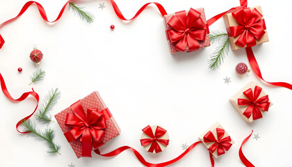 Christmas banner with  gifts, decorations, red ribbons and bows on white background, layout, top view, place for text in the middle, mock up for design, digital art. with white shades