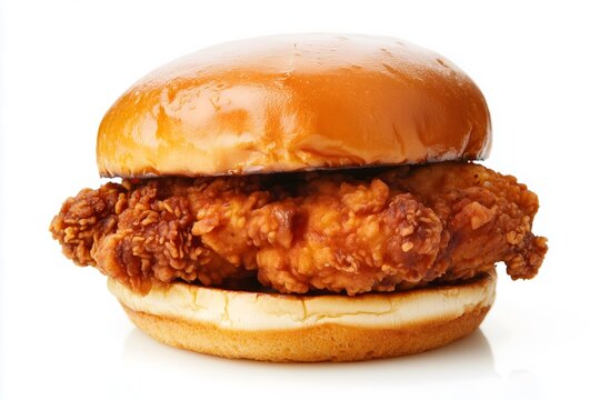 A plain and simple fried chicken sandwich in a brioche bun isolated on a white background