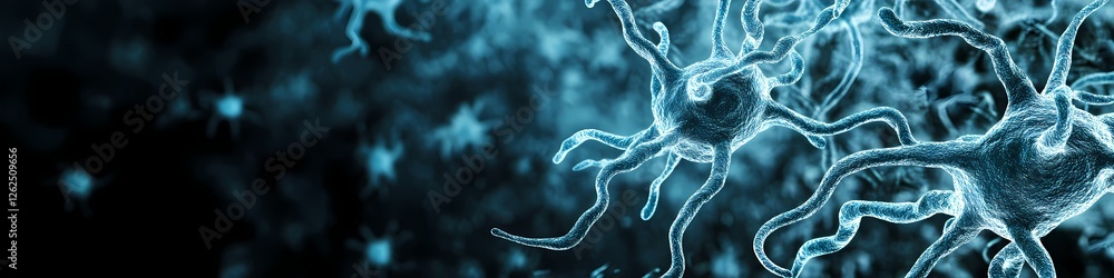 Poster microscopic view of glowing blue neurons with dendrites on dark background. brain cells network visu